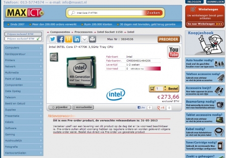 В Европа за предварителни поръчки вече е достъпен процесорът Intel Core i7-4770K (Haswell)