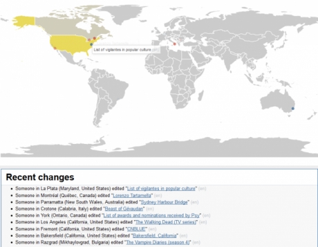Карта показва всички промени в статиите в Wikipedia