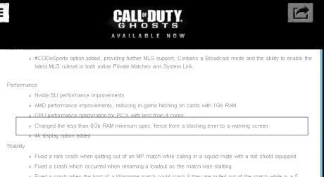 Официално: играта на Call of Duty: Ghosts с по-малко от 6GB RAM вече е възможна
