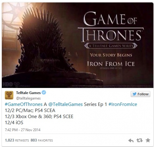Първият епизод на Game of Thrones от Telltale идва на 2 декември