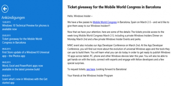 Microsoft подарява на най-активните участници в Windows Insider покани за MWC 2015