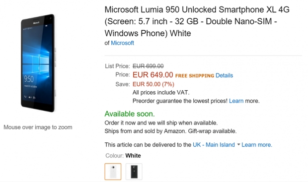 Amazon Франция понижи цените на флагманските смартфони Lumia 950 и Lumia 950 XL