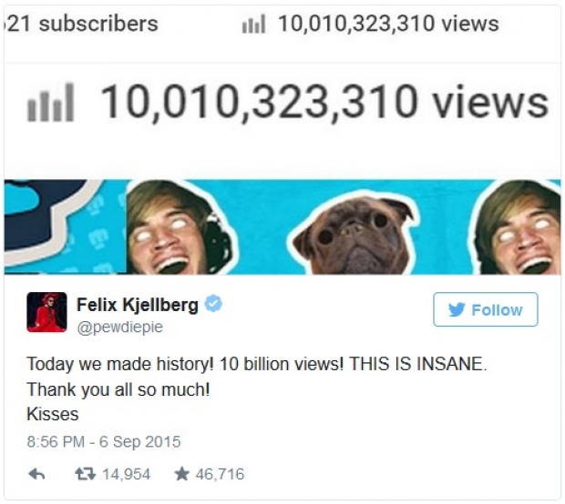 PewDiePie стана първата YouTube звезда с 10 млрд. гледания на канала