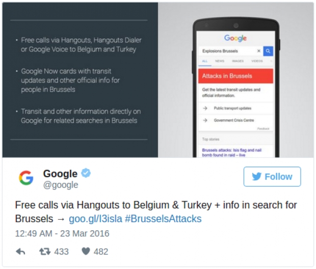 Във връзка с терористичните актове Google предложи безплатни телефонни разговори с Белгия и Турция