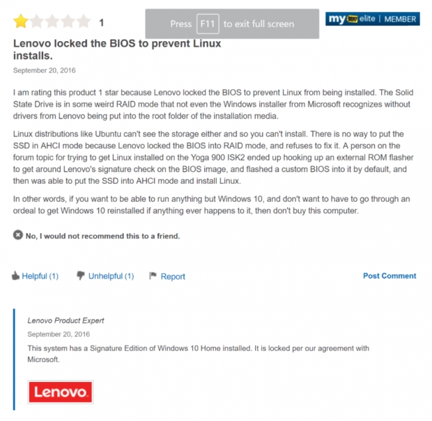 Microsoft и Lenovo не позволяват инсталацията на Linux на лаптопи