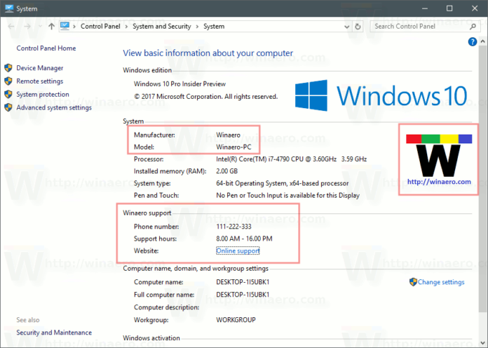 Windows-10-OEM-Support-Information-Example Как да променим или добавим OEM информацията в ОС Windows 10