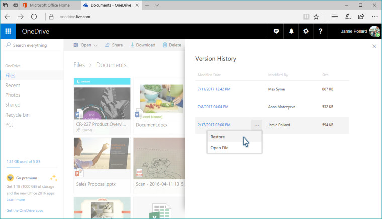 Поддръжката на историята за всички видове файлове ще се появи в OneDrive още това лято
