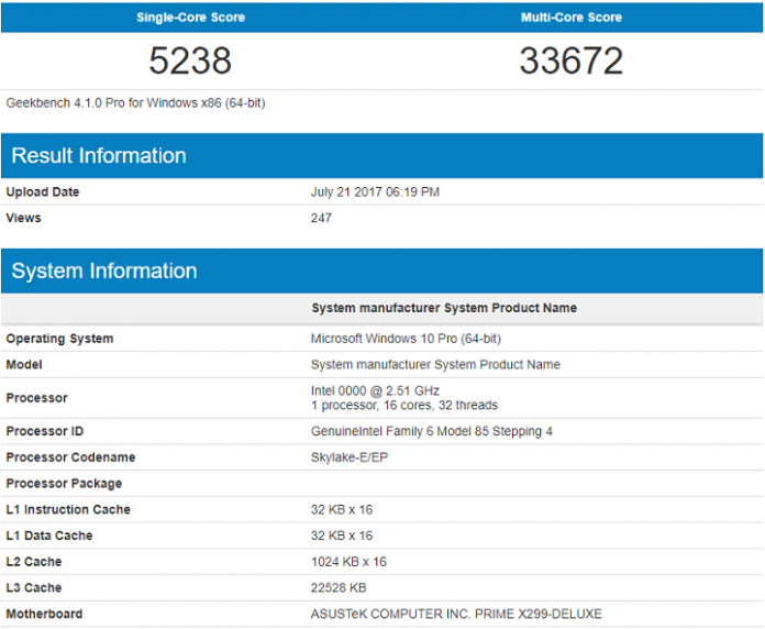 intel-core-i9-7960x-geekbench-1 Тактовата честота на процесора Intel Core i9-7960X е 2,5 GHz