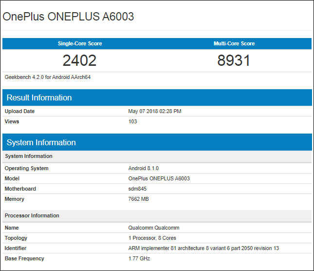 OnePlus 6 (OnePlus A6003) в теста GeekBench преди дебюта си