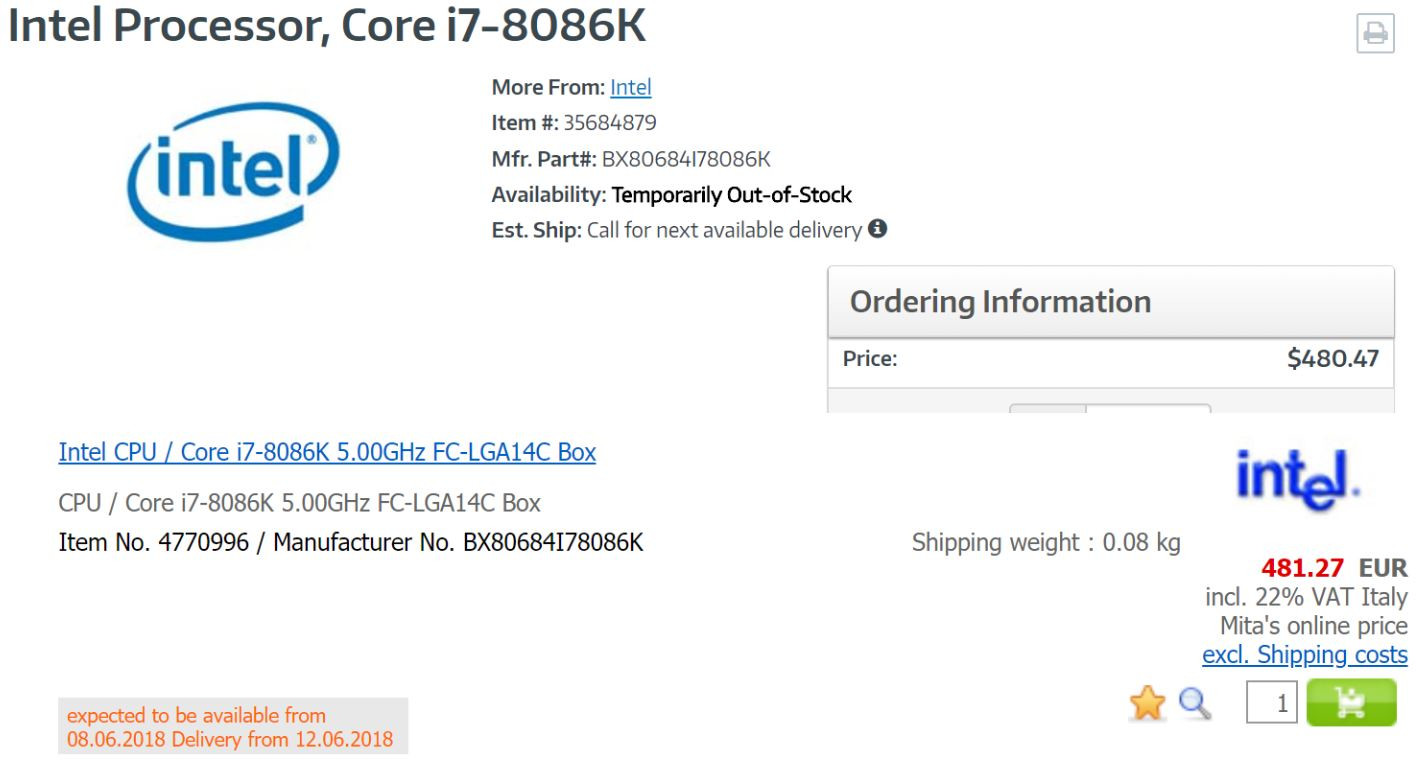 Юбилейният 5 GHz процесор Intel Core i7-8086K се появи в магазините