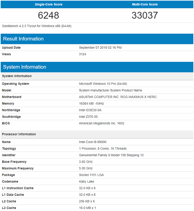 Процесорът Intel Core i9-9900K бе тестван в Geekbench