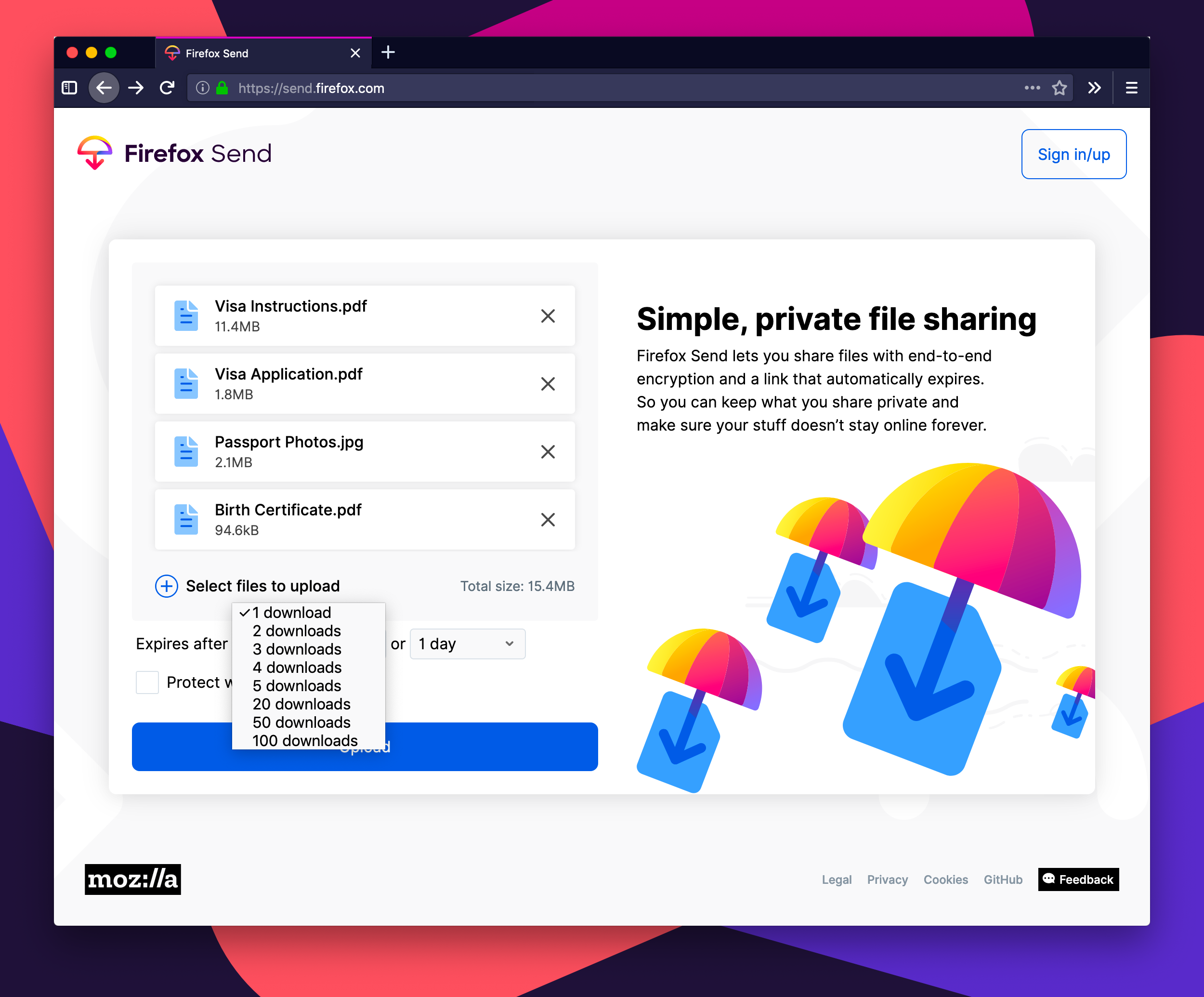 Firefox представи официално услуга за защитен обмен на файлове