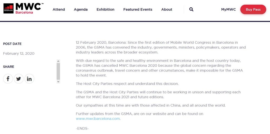 GSMA официално отмени Mobile World Congress 2020