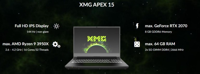 XMG Apex 15: геймърски лаптоп с 16-ядрения процесор AMD Ryzen 9 3950X