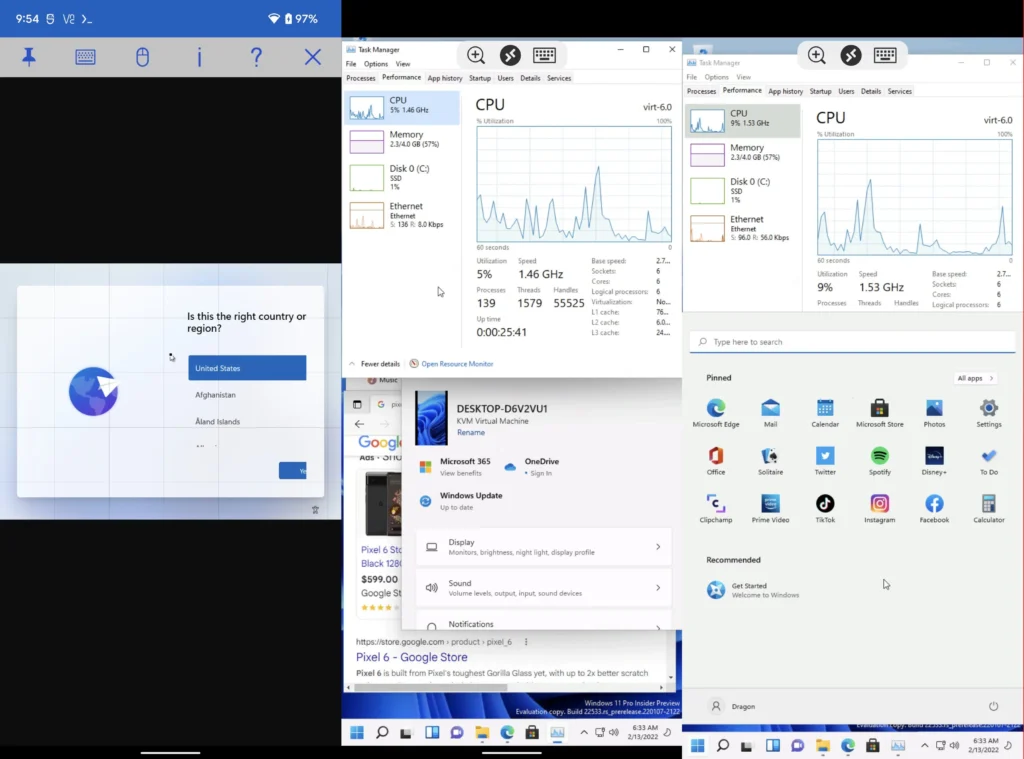 Чрез новите инструменти за виртуализация в Android 13 на смартфона Pixel 6 стартираха Windows 11 и Linux