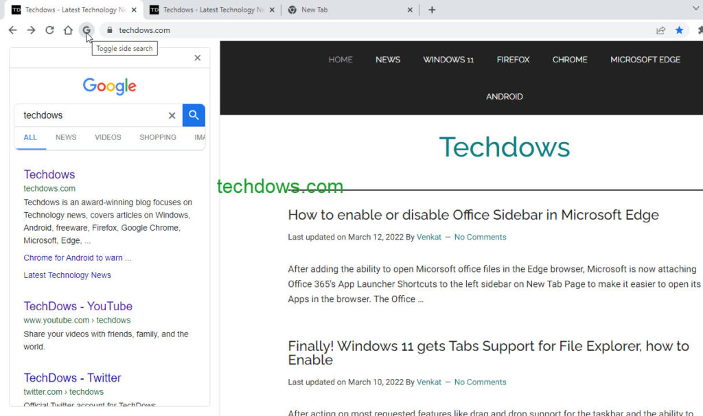 Chrome ще показва страничния панел на Google Search и в Windows