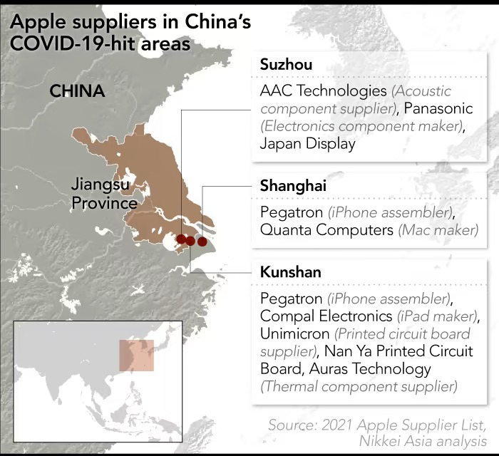 Половината от 200-те най-добри доставчици на Apple се озоваха в карантинни зони на Китай