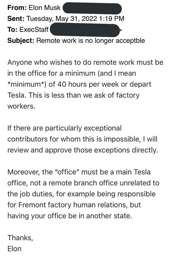 Илън Мъск с ултиматум към топ-мениджърите на Tesla: „Връщайте се в офиса или се махайте“