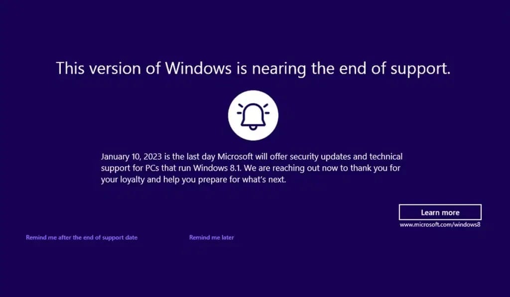 Microsoft напомня на всички, че на 10-ти януари прекратява поддръжката на Windows 8.1