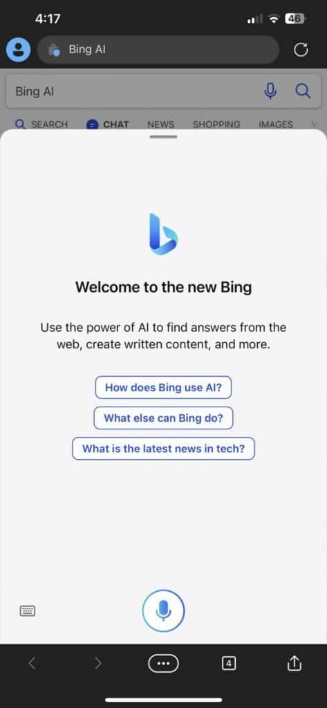 Мобилната версия на Microsoft Bing Chat се тества от избрани потребители