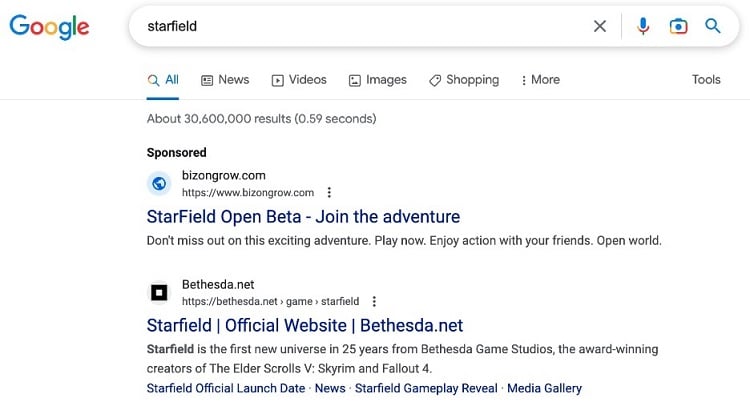 Търсачката на Google рекламира измамници, предлагащи да играете отворената бета-версия на Starfield