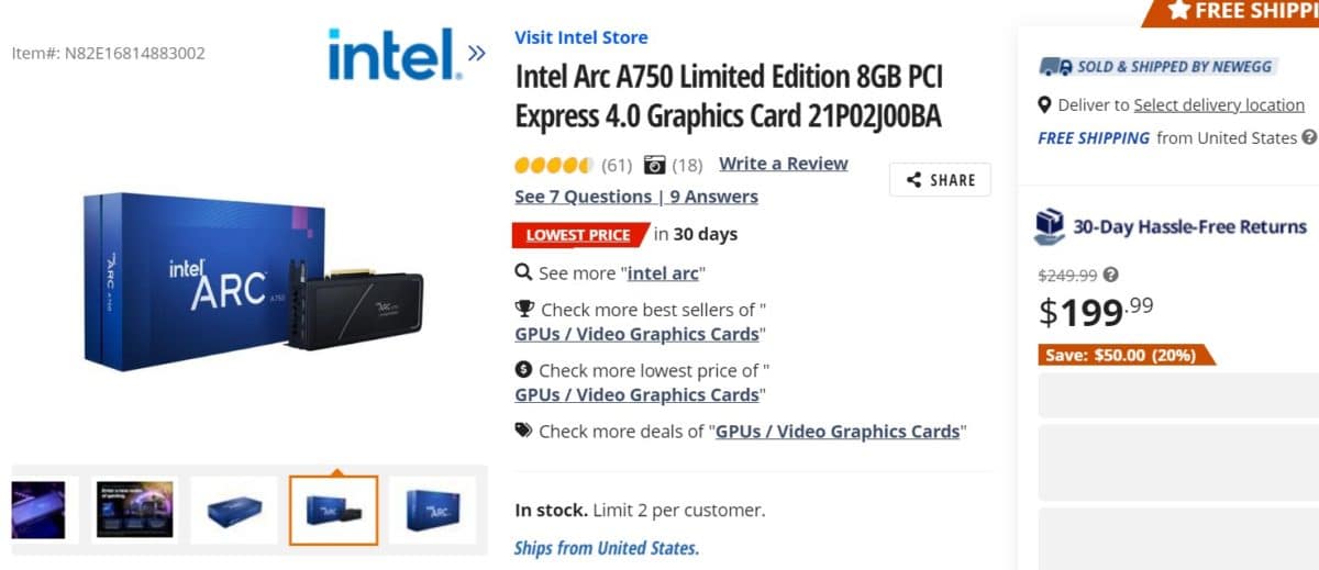 Видеокартата Intel Arc A750 Limited Edition поевтиня до 9