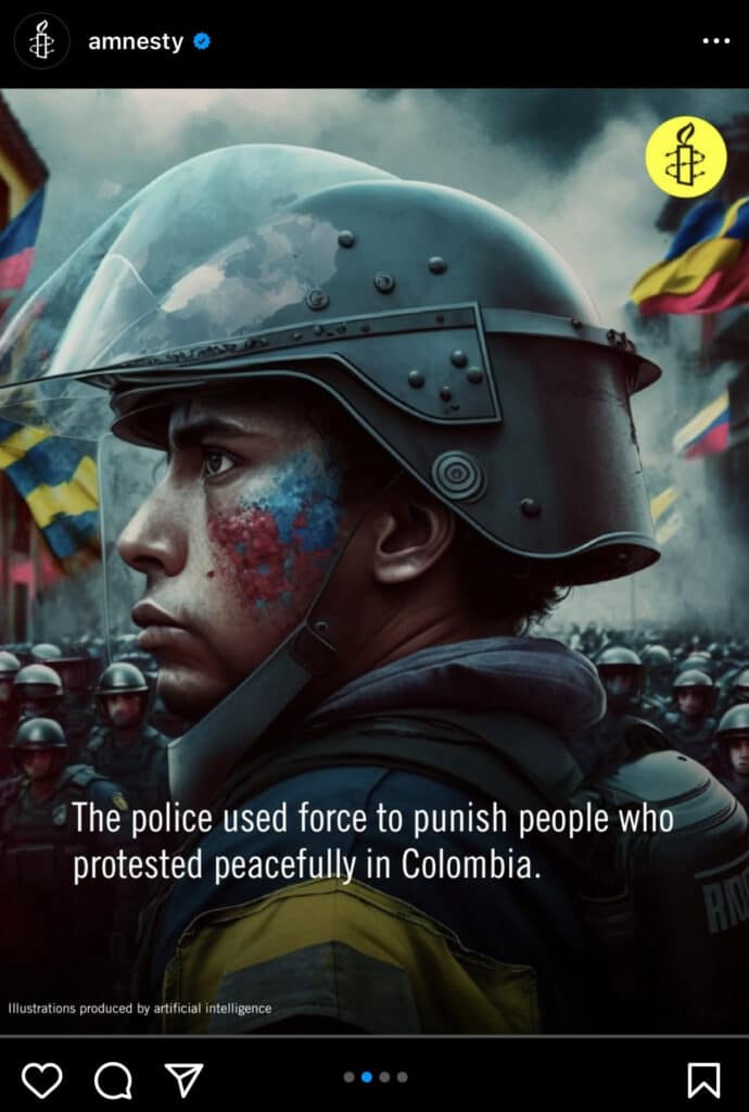 Amnesty International премахна генерирани от ИИ изображения от протести в Колумбия след критики в социалните мрежи