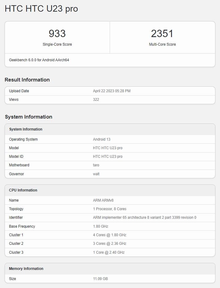 HTC U23 Pro e забелязан в Geekbench със Snapdragon 7 Gen 1 и 12GB RAM