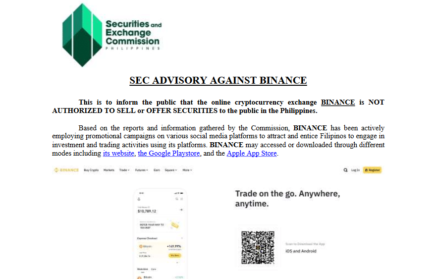 Binance работи без лиценз във Филипините?