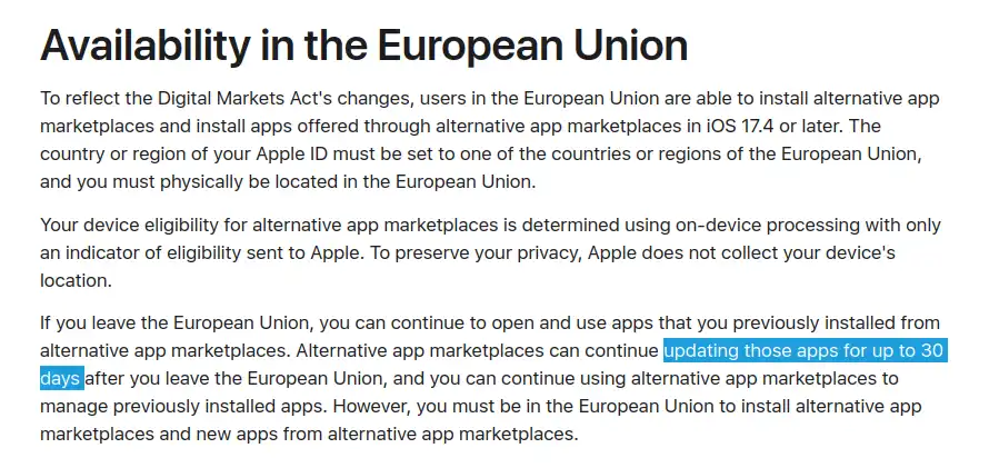 Apple разкри крайния срок за получаване на актуализациите на iOS 17.4 от алтернативни магазини, ако потребителят напусне ЕС