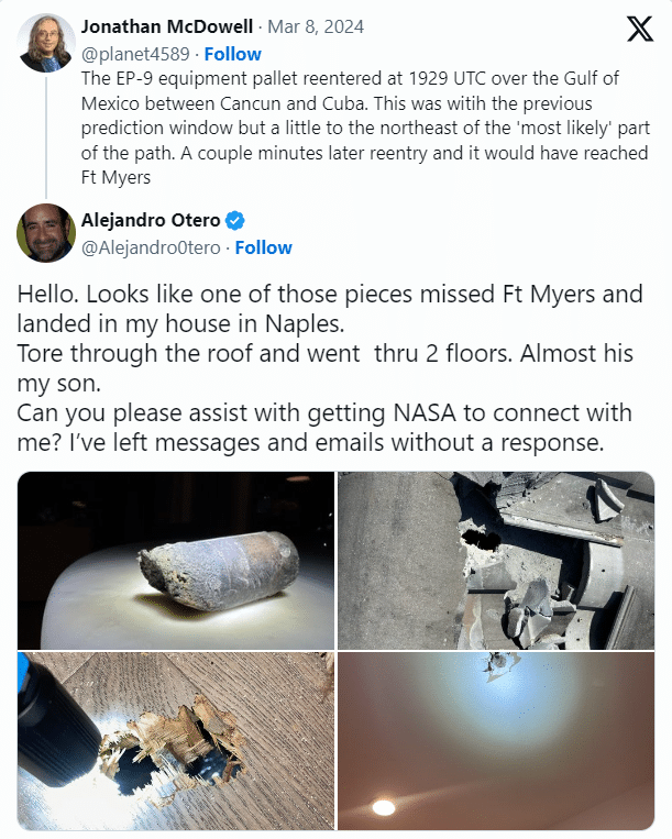 NASA събира космически отломки, паднали върху дома на мъж във Флорида