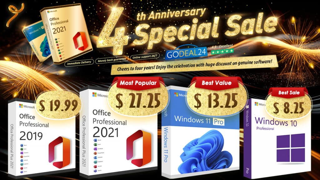 Голяма разпродажба по случай годишнината на Godeal24 с огромни отстъпки за Office 2021, ОС Windows и други. Office 2021 Pro само за ,25/PC!