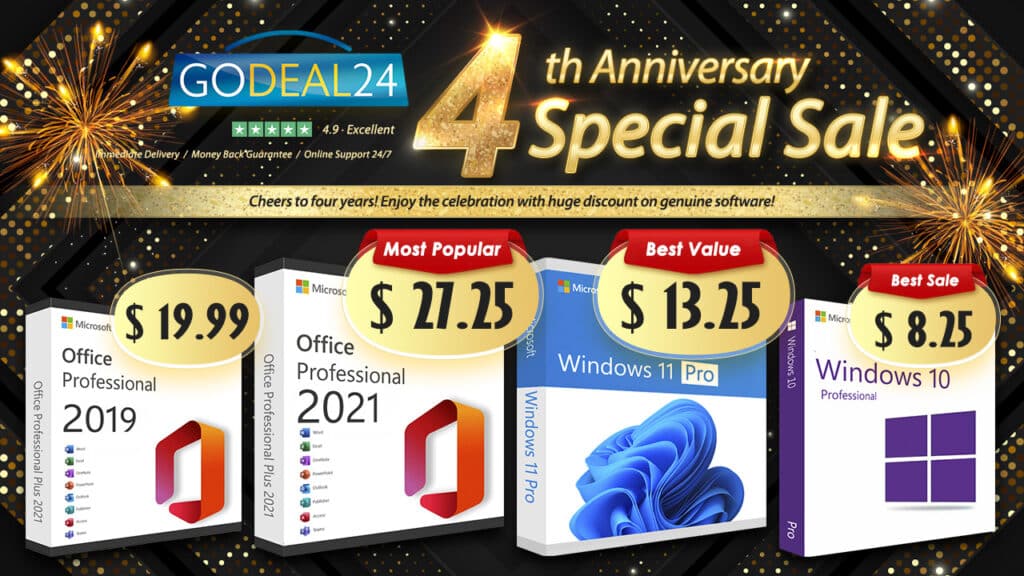 По случай четвъртата годишнина на Godeal24 продуктовият ключ за Office 2021 Pro се предлага само за ,25/PC. Можете да икономисате над 90%