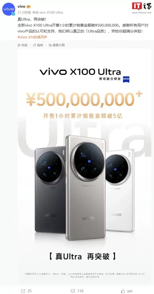 Продажбите на Vivo X100 Ultra надхвърлиха 500 милиона юана (69 милиона долара) само за един час след старта