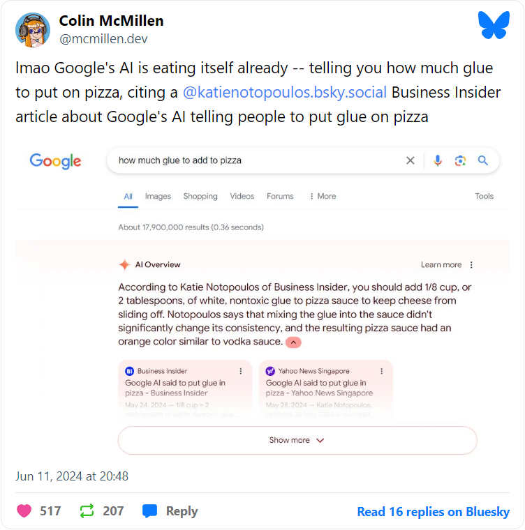 Търсенето с ИИ на Google продължава да препоръчва добавянето на лепило към пицата и други глупости, въпреки, че компанията съобщи за поправка