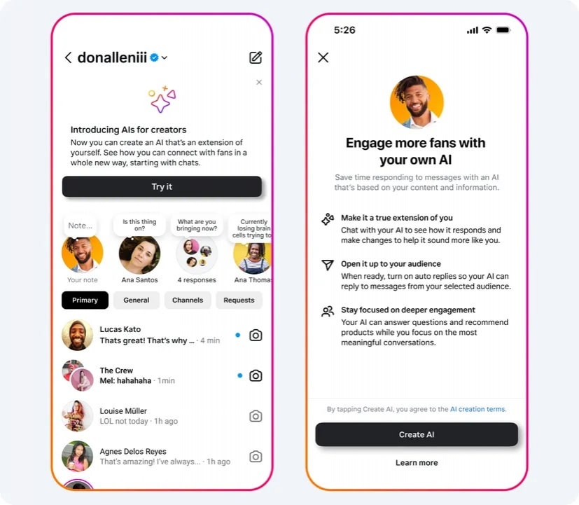 Instagram разширява създаването на персонализирани чатботове за потребителските профили