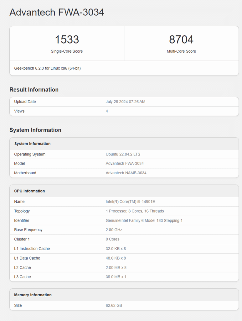 Процесорът Intel Core i9-14901E без малки ядра и с TDP от 65 W бе тестван в Geekbench