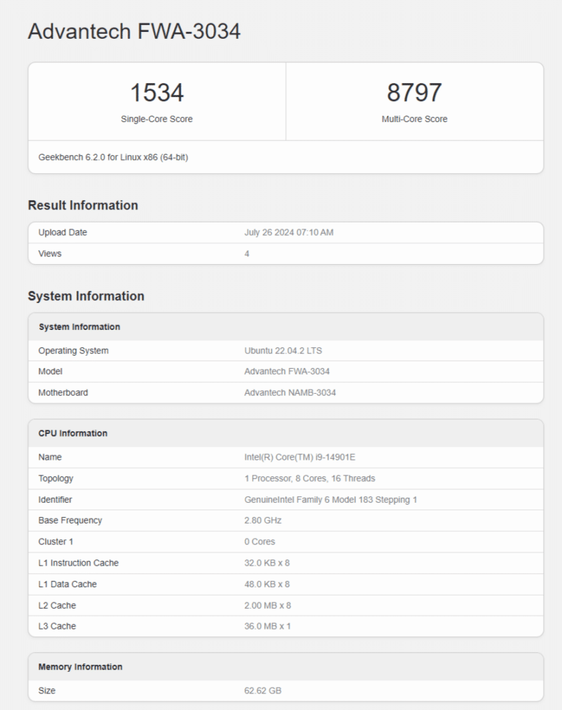 Процесорът Intel Core i9-14901E без малки ядра и с TDP от 65 W бе тестван в Geekbench