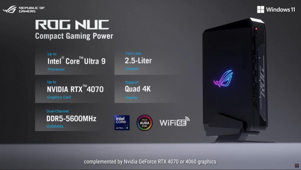 Asus пуска на пазара геймърския миникомпютър ROG NUC с процесори Intel Core Ultra и видеокарти NVIDIA RTX 4060 и 4070