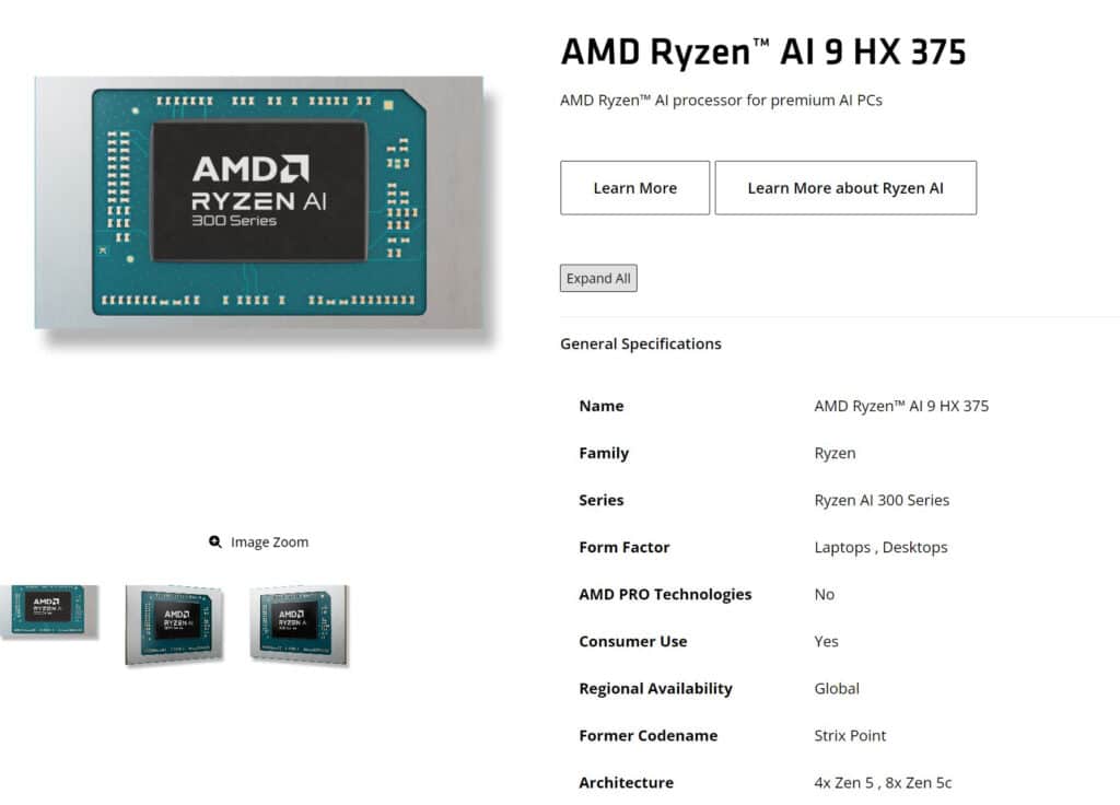 AMD тихомълком представи най-мощния процесор от серията Ryzen AI 300 – той има 4 × Zen 5, 8 × Zen 5c ядра и NPU с 55 TOPS
