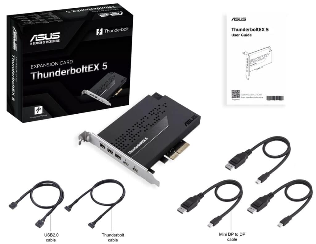 Asus представи разширителната карта ThunderboltEX 5 – тя превръща PCIe 4.0 x4 в два Thunderbolt 5 и три mini-DP порта