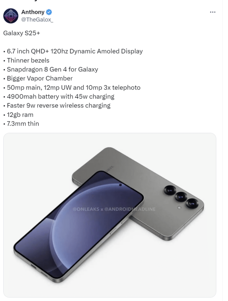 Anthony разкри всички параметри на смартфона Samsung Galaxy S25+