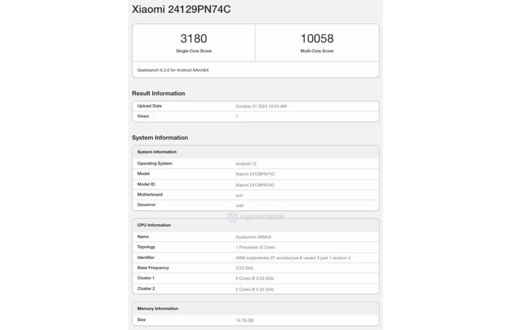 Xiaomi 15 със Snapdragon 8 Elite и Android 15 беше тестван в Geekbench: резултатите са впечатляващи