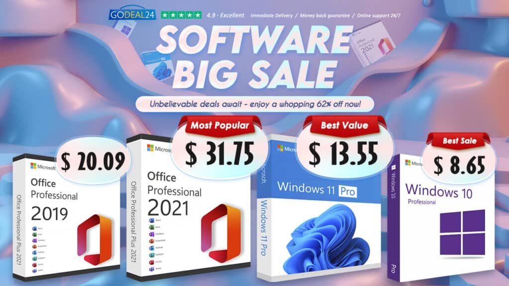 До 62% отстъпка в Godeal24. Шеметна сделка по отношение на Microsoft. Windows 11 Pro едва за .55! Office 2021 Pro само за ,31!