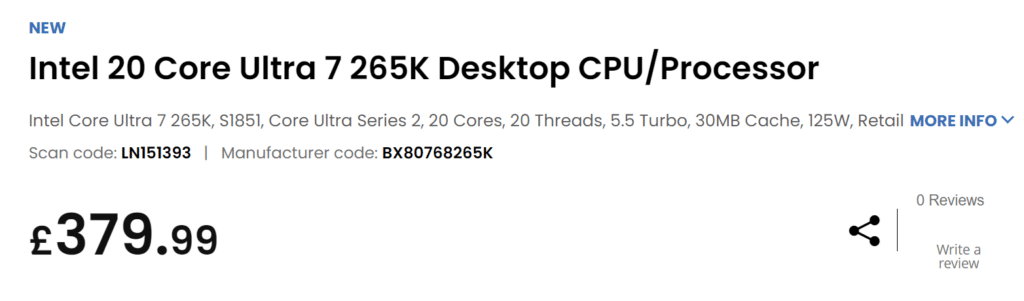Core Ultra 7 265K се появи в продажба във Великобритания ден преди официалното пускане
