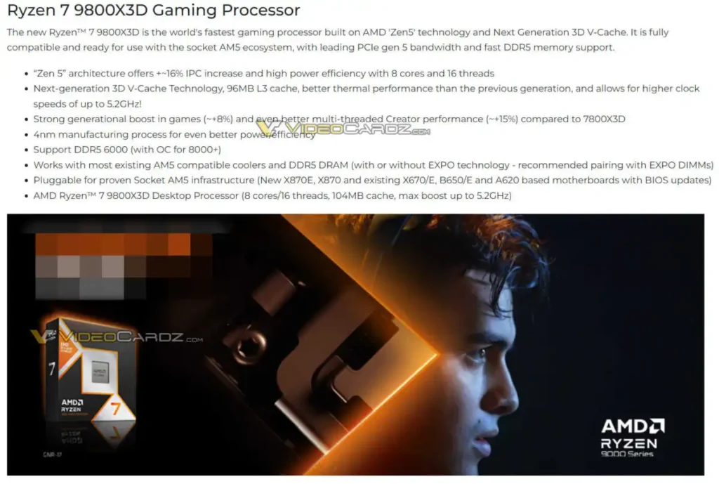 Изтекъл маркетингов слайд за AMD Ryzen 7 9800X3D показва 8% увеличение на производителността в игрите спрямо 7800X3D