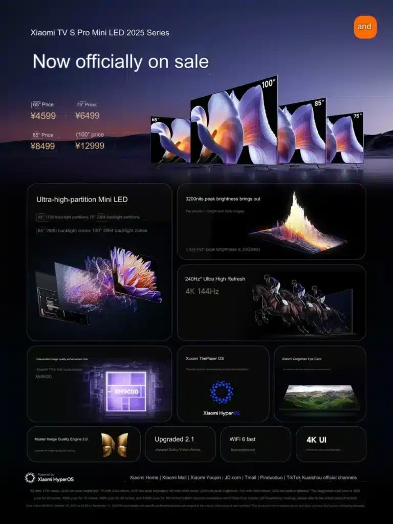 Xiaomi представи серията телевизори S Pro Mini LED 2025 – 4K, до 240 Hz и до 100 инча