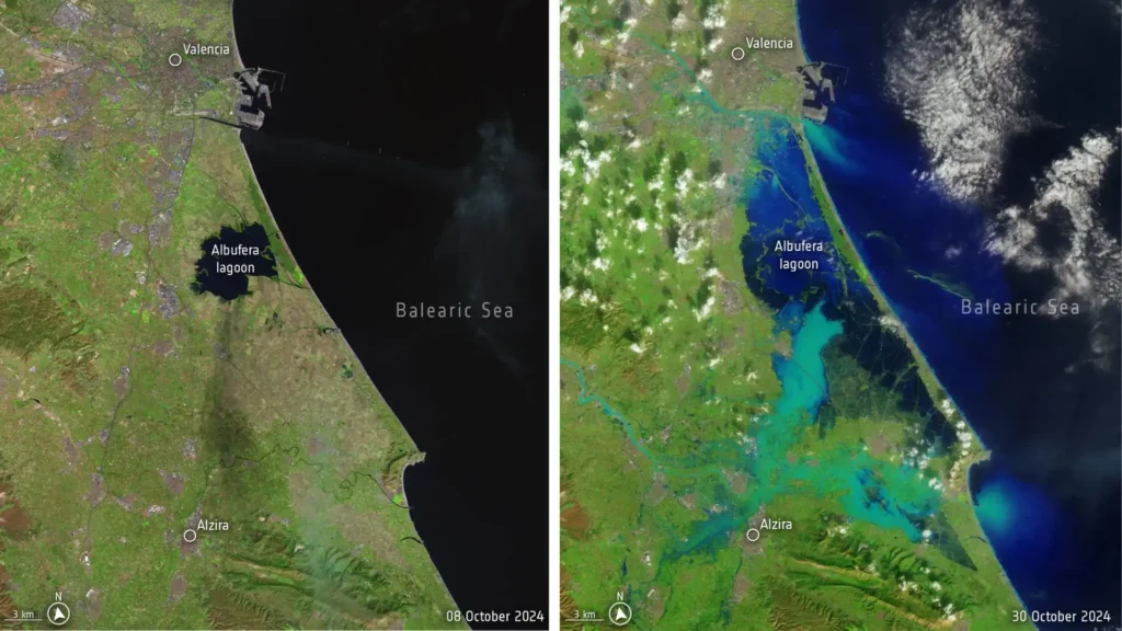 Сателитни снимки на наводненията в Испания: Как едно отклонение на река Турия от 50-те години предотврати по-голяма катастрофа през 2024 година