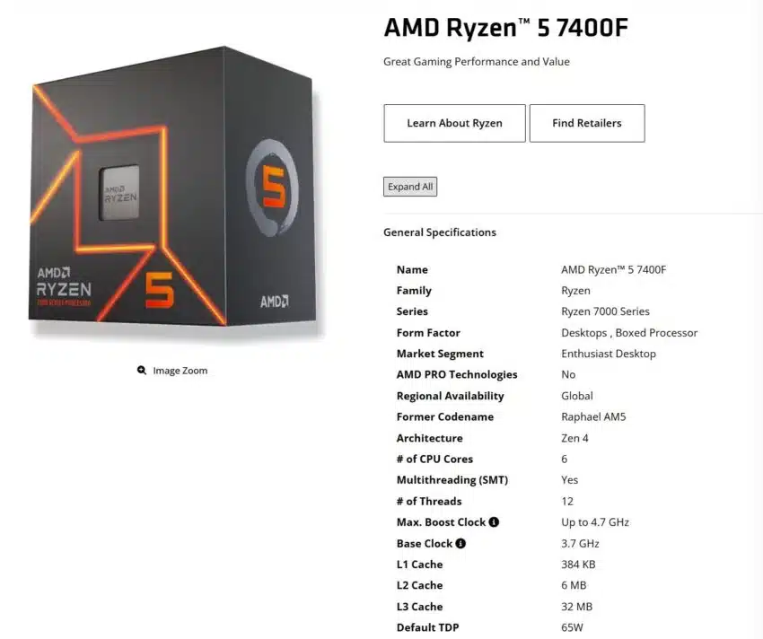 Представиха AMD Ryzen 5 7400F: шестядрен процесор с TDP 65 W