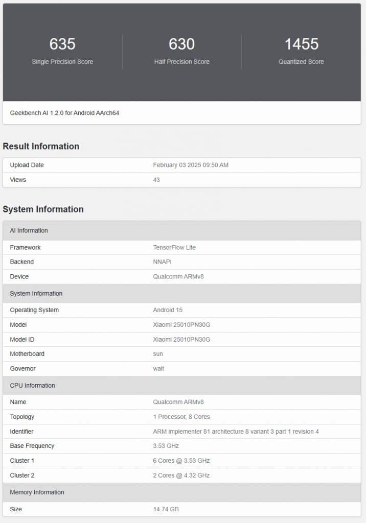 Xiaomi 15 Ultra бе забелязан в Geekbench AI – със Snapdragon 8 Elite